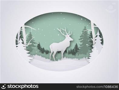 Wintry Paper Art Xmas Greeting with Deer in Forest