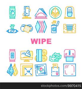 Wipe Hygiene Accessory Collection Icons Set Vector. Wet Wipe And In Vacuum Package, Napkin In Roll And On Plate, For Cleaning Glasses And Dental Concept Linear Pictograms. Contour Color Illustrations. Wipe Hygiene Accessory Collection Icons Set Vector