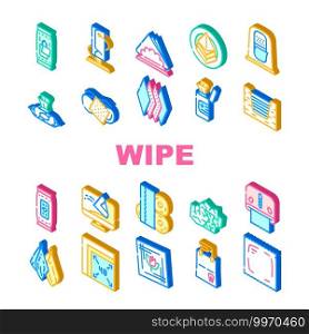 Wipe Hygiene Accessory Collection Icons Set Vector. Wet Wipe And In Vacuum Package, Napkin In Roll And On Plate, For Cleaning Glasses And Dental Isometric Sign Color Illustrations. Wipe Hygiene Accessory Collection Icons Set Vector