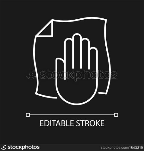 Wipe with dry cloth white linear manual label icon for dark theme. Thin line customizable illustration. Isolated vector contour symbol for night mode for product use instructions. Editable stroke. Wipe with dry cloth white linear manual label icon for dark theme