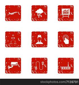Wire data icons set. Grunge set of 9 wire data vector icons for web isolated on white background. Wire data icons set, grunge style