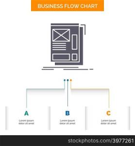 wire, framing, Web, Layout, Development Business Flow Chart Design with 3 Steps. Glyph Icon For Presentation Background Template Place for text.