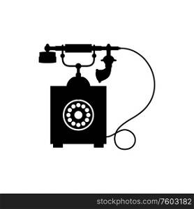 Wire telephone with retro receiver isolated communication device. Vector retro phone with dial and handset. Retro phone with handset black silhouette