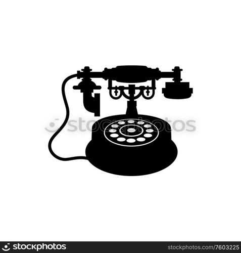 Wire telephone with retro receiver isolated communication device. Vector retro phone with dial and handset. Retro phone with handset black silhouette