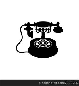 Wire telephone with retro receiver isolated communication device. Vector retro phone with dial and handset. Retro phone with handset black silhouette