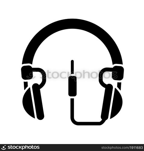 Wired circumaural headset black glyph icon. Over ear headset for music listening. Professional device connected to computer and phone. Silhouette symbol on white space. Vector isolated illustration. Wired circumaural headset black glyph icon