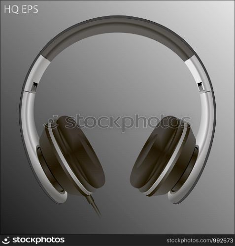 Wired or wireless silver earphones with detailed elements. Realistic vector illustration of headphones, isolated on background.