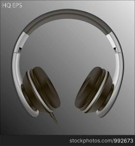 Wired or wireless silver earphones with detailed elements. Realistic vector illustration of headphones, isolated on background.