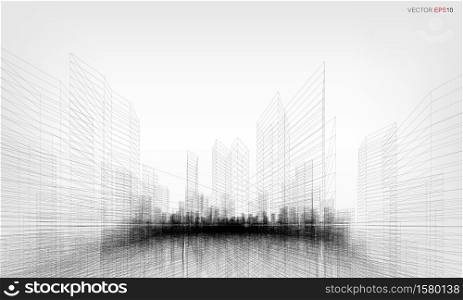 Wireframe city background. Perspective 3D render of building wireframe. Vector illustration.