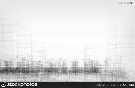 Wireframe city background. Perspective 3D render of building wireframe. Vector illustration.