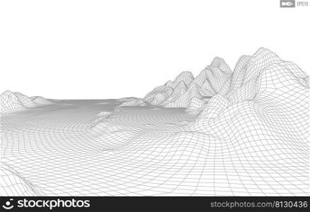 Wireframe landscape on white background. Abstract geometric vector technology background. 3d vector digital background.