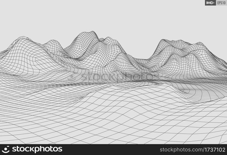 Wireframe landscape on white background. Abstract geometric vector technology background.. Wireframe landscape on white background. Abstract geometric vector technology background. 3d vector digital background.