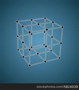 Wireframe mesh polygonal element. Cube with connected lines and dots. Vector Illustration EPS10.. Wireframe mesh polygonal element Cube with connected offset lines and dots - vector