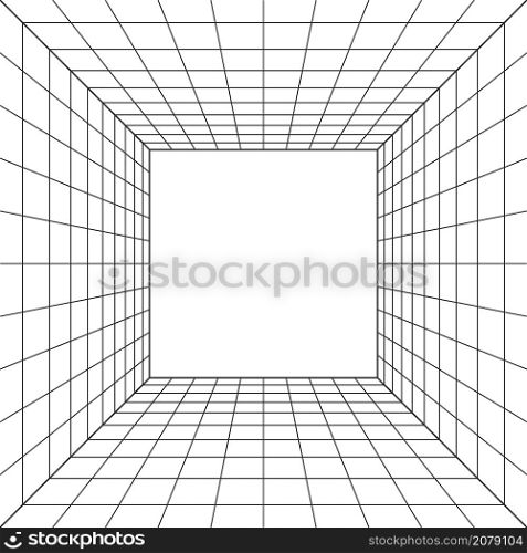Wireframe perspective cube. 3d wireframe grid room. 3d perspective laser grid. Cyberspace white background with black mesh. Futuristic digital hallway space in virtual reality. Vector illustration.. Wireframe perspective cube. 3d wireframe grid room. 3d perspective laser grid. Cyberspace white background with black mesh. Futuristic digital hallway space in virtual reality. Vector illustration