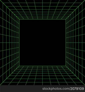 Wireframe perspective cube. 3d wireframe grid room. 3d perspective laser grid. Cyberspace black background with green mesh. Futuristic digital hallway space in virtual reality. Vector illustration.. Wireframe perspective cube. 3d wireframe grid room. 3d perspective laser grid. Cyberspace black background with green mesh. Futuristic digital hallway space in virtual reality. Vector illustration