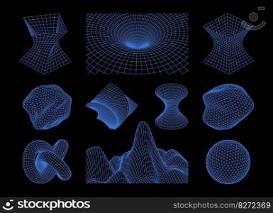 Wireframe shapes. 3d geometric mesh abstract elements. Cyberpunk futuristic line objects. Retro vaporwave synthwave vector set. Wavy blue digital surface, isolated geometric constructions. Wireframe shapes. 3d geometric mesh abstract elements. Cyberpunk futuristic line objects. Retro vaporwave synthwave vector set
