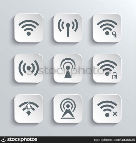 Wireless and Wi-Fi Web Icons Set for Remote Access and Communication Via Radio Waves - Vector White App Buttons Design Element With Shadow. Trendy Design Template