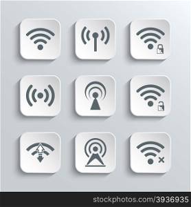 Wireless and Wi-Fi Web Icons Set for Remote Access and Communication Via Radio Waves - Vector White App Buttons Design Element With Shadow. Trendy Design Template