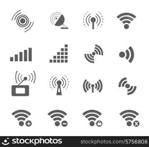 Wireless and wifi icons in black color for remote access and communication via radio waves on white background. Set of different condition of connection network