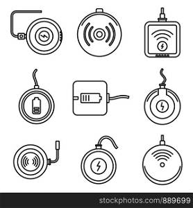Wireless charging icons set. Outline set of wireless charging vector icons for web design isolated on white background. Wireless charging icons set, outline style