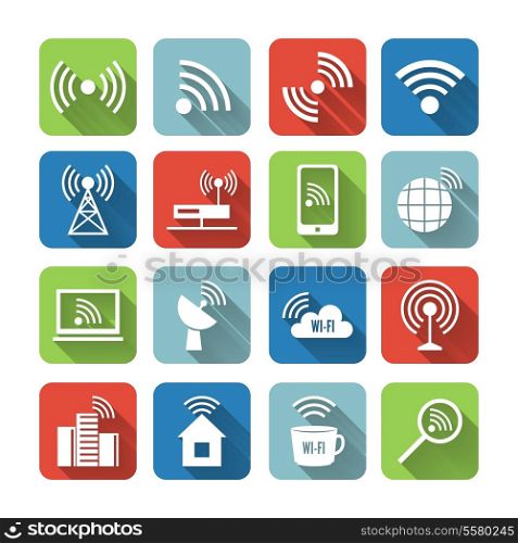 Wireless communication network business flat icons set of global connection wifi signal search and cell tower and isolated vector illustration
