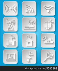 Wireless communication network business paper icons set of cafe wifi hotspot signal search and router device isolated vector illustration