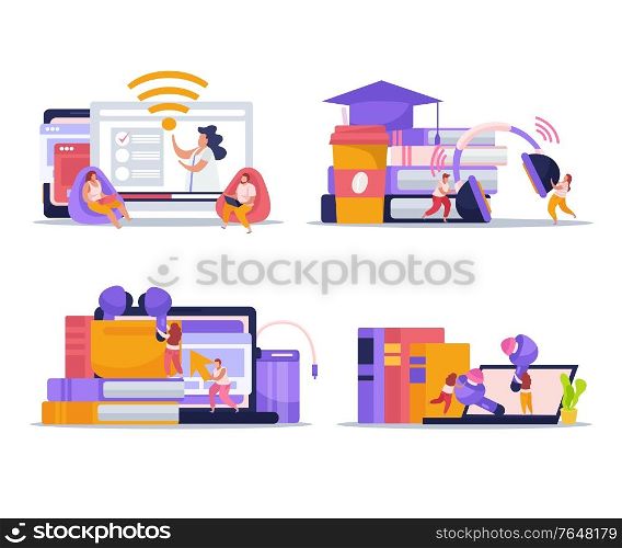Wireless devices concept 4 flat compositions with smartphone tablet laptop ebooks reader earbuds earphones isolated vector illustrations