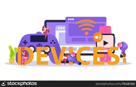 Wireless devices flat composition with smart watch game controller tablet reader users lettering title header vector illustration