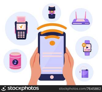 Wireless devices flat concept icons composition with smart watch router tablet loudspeaker mobile card payment vector illustration