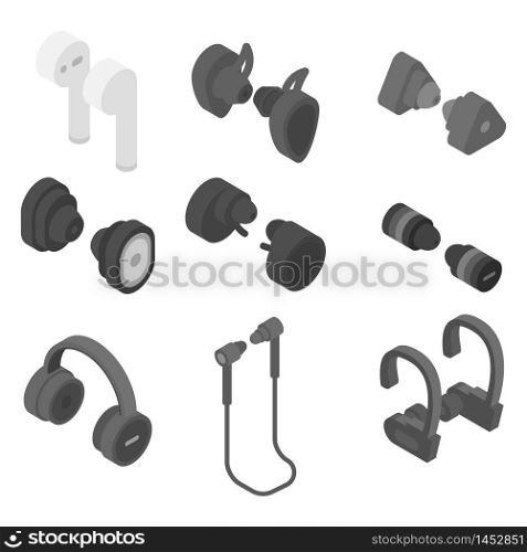 Wireless Earbuds icons set. Isometric set of Wireless Earbuds vector icons for web design isolated on white background. Wireless Earbuds icons set, isometric style