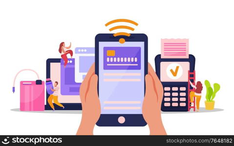 Wireless electronic devices flat composition with hands holding audio reader mobile card payment tablet player vector illustration