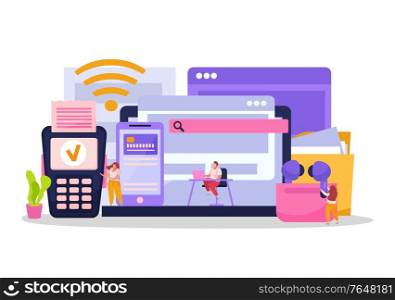 Wireless electronic devices flat composition with player earphones mobile card payment folder laptop tablet reader vector illustration