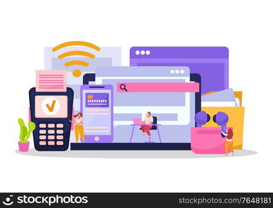 Wireless electronic devices flat composition with player earphones mobile card payment folder laptop tablet reader vector illustration