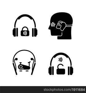 Wireless headphones black glyph icons set on white space. Professional on ear headset. In ear earphones for sport activity. Handsfree device. Silhouette symbols. Vector isolated illustration. Wireless headphones black glyph icons set on white space