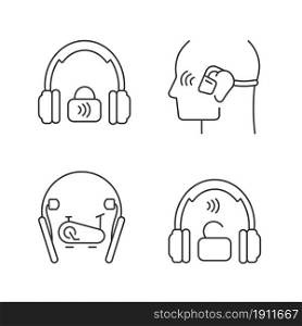 Wireless headphones linear icons set. Professional on ear headset. In ear earphones for sport activity. Customizable thin line contour symbols. Isolated vector outline illustrations. Editable stroke. Wireless headphones linear icons set
