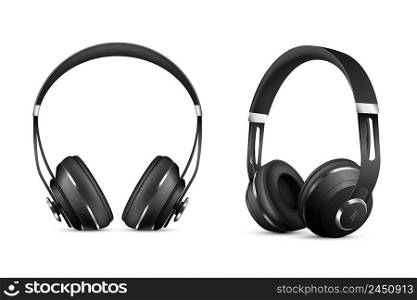 Wireless headphones realistic set with music and technology symbols isolated vector illustration. Wireless Headphones Set