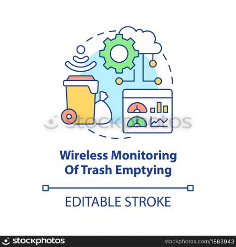 Wireless monitoring of trash emptying concept icon. Waste management. Modern ways of waste recycling abstract idea thin line illustration. Vector isolated outline color drawing. Editable stroke. Wireless monitoring of trash emptying concept icon. Waste management