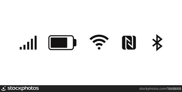 Wireless network icons. Mobile network signal smartphone status bar icons. Vector mobile gadget pictograms set isolated design internet device. Wireless network icons. Mobile network signal smartphone status bar icons. Vector mobile gadget pictograms set
