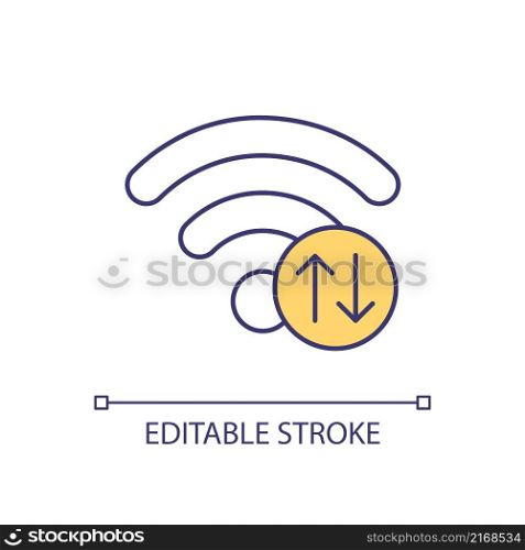 Wireless network RGB color icon. Data transfer. Access to internet. Digital traffic safety. Isolated vector illustration. Simple filled line drawing. Editable stroke. Arial font used. Wireless network RGB color icon