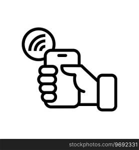 Wireless NFC payment icon. NFC technology. Hand holding Phone. NFC payment concept. Contact less. NFC payment with mobile phone. Vector EPS 10
