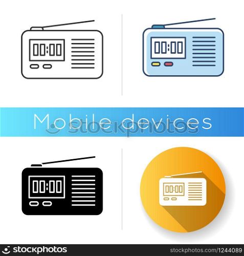 Wireless radio set icon. Portable electronic receiver. Signal transmitting apparatus. Compact receiving system. Mobile device. Linear black and RGB color styles. Isolated vector illustrations