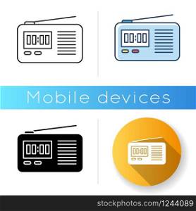 Wireless radio set icon. Portable electronic receiver. Signal transmitting apparatus. Compact receiving system. Mobile device. Linear black and RGB color styles. Isolated vector illustrations