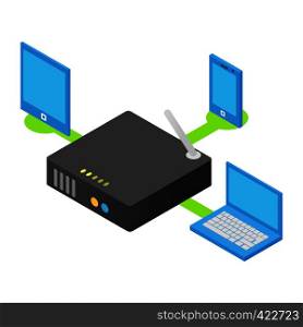 Wireless router connected to electronic devices. Single isometric symbol on a white background. Wireless router isometric icon