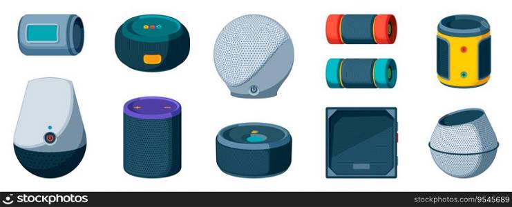 Wireless speakers. Outdoor smart phone and tablet accessories with voice recognition and streaming music, AI technology cartoon flat style. Vector isolated set of audio portable speaker illustration. Wireless speakers. Outdoor smart phone and tablet accessories with voice recognition and streaming music, AI technology cartoon flat style. Vector isolated set