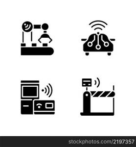 Wireless technologies black glyph icons set on white space. Remote device control. Internet of Things. Smart appliance tech. Silhouette symbols. Solid pictogram pack. Vector isolated illustration. Wireless technologies black glyph icons set on white space