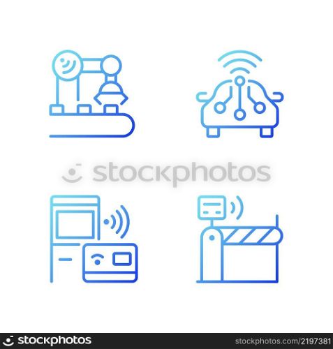 Wireless technologies gradient linear vector icons set. Remote device control. Internet of Things. Thin line contour symbol designs bundle. Isolated outline illustrations collection. Wireless technologies gradient linear vector icons set