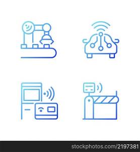 Wireless technologies gradient linear vector icons set. Remote device control. Internet of Things. Thin line contour symbol designs bundle. Isolated outline illustrations collection. Wireless technologies gradient linear vector icons set