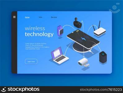 Wireless technologies isometric banner or landing page with links and learn more button vector illustration