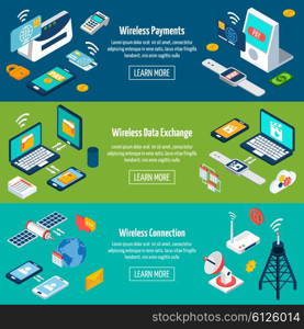 Wireless technologies isometric banner set. Wireless technologies horizontal banner set with isometric data exchange devices isolated vector illustration