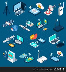 Wireless technologies isometric icons set with mobile communication devices 3d vector illustration. Wireless technologies isometric icons